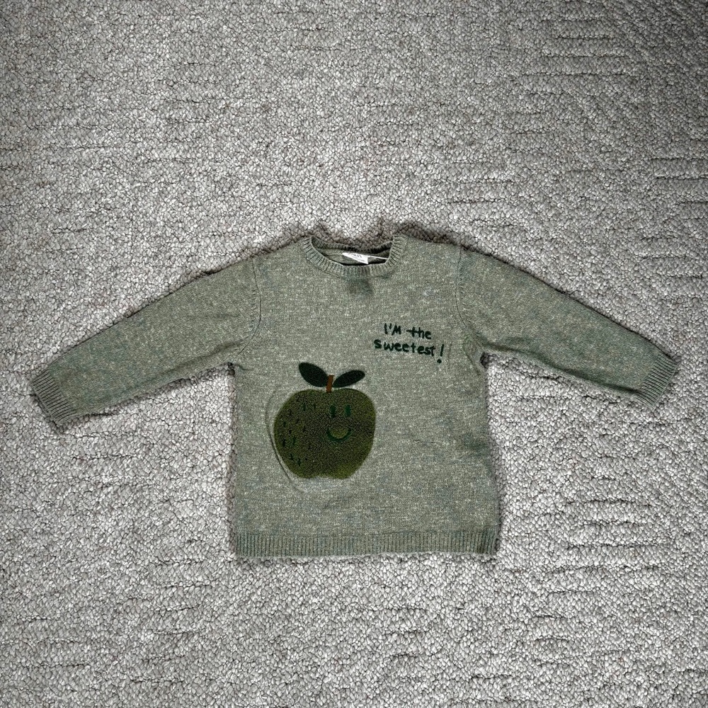 Zara Baby Apple Knit Sweater Size 2-3Y Green “I’m the Sweetest!” Graphic Toddler